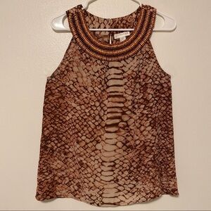 Kenar Top Flowy Reptile Snake Tribal Beaded Scoop Sleeveless Peachy Coral Sz M